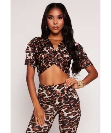 Animal Print Twist Front Tiered Sleeve Blouse