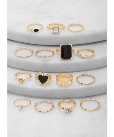 Assorted Metallic Rhinestone Heart Rings Set of 15