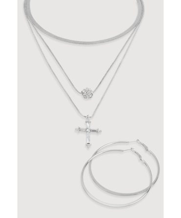 Cubic Zirconia Cross Layered Necklace and Hoop Earrings