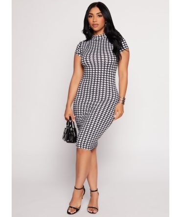 Houndstooth Mock Neck Midi Dress