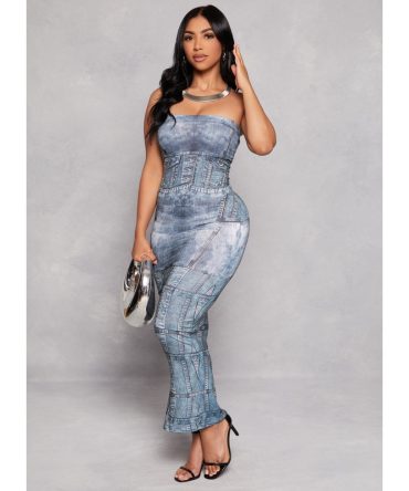 Seamless Denim Print Maxi Tube Dress