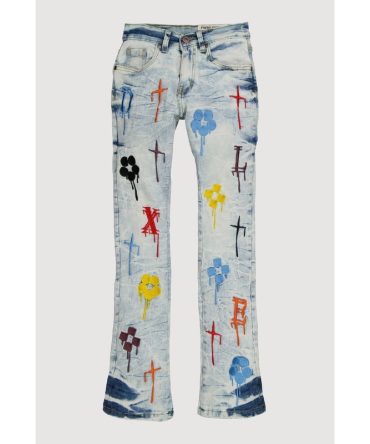 Boys Acid Wash Embroidered Drip Pattern Jeans