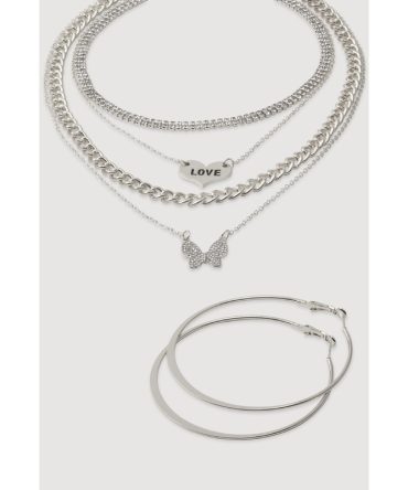 Cubic Zirconia Butterfly Pendant Layered Necklace and Hoop Earrings