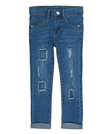 Little Girls Patch and Repair Denim Knit Jeans