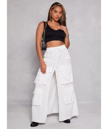 Nylon Drawstring Front Slit Maxi Cargo Skirt