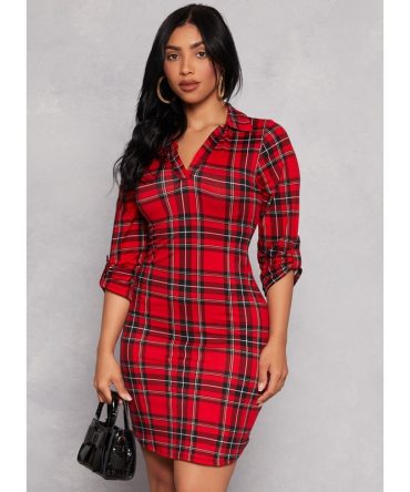 Plaid Soft Knit Collared Shirt Dress