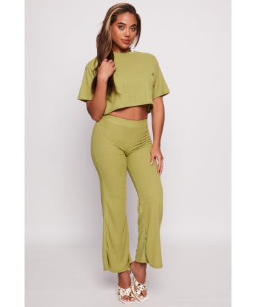 Ribbed Knit High Waist Wide Leg Pants