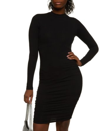 Ribbed Mock Neck Ruched Midi Dress