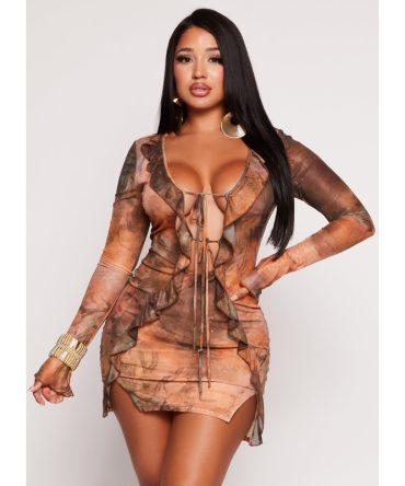 Ruffle Mesh Tie Front Bodycon Dress