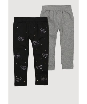 Toddler Girls Rhinestone Bow Fleece Leggings 2 Pack
