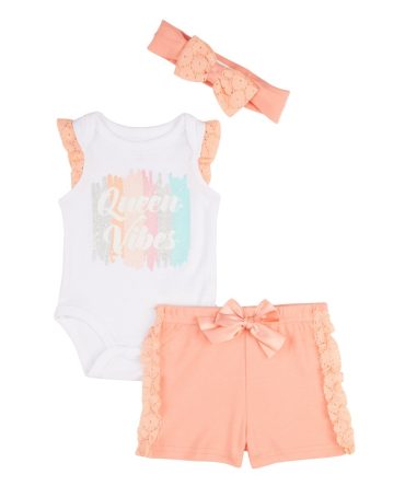 Baby Girls 0-9M Lace Trim Queen Vibes Graphic Bodysuit and Shorts