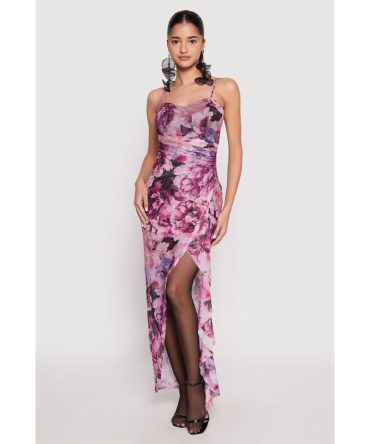 Haute Monde Floral Ruched Asymmetrical Maxi Dress