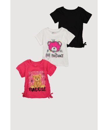 Little Girls Teddy Bear Glitter Graphic Tees 3 Pack