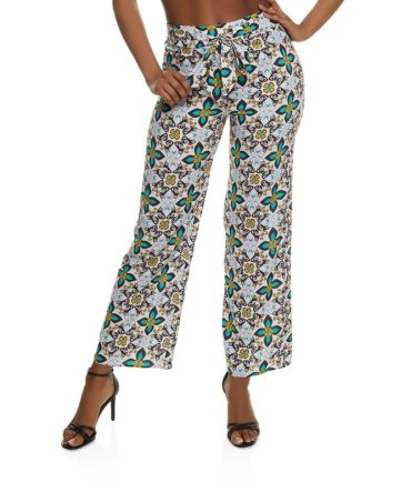 Printed Tie Front Wide Leg Pants