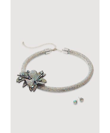 Rhinestone Embellished Flower Choker Necklace and Earrings
