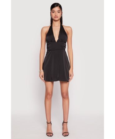 Satin Tie Back Halter Skater Dress