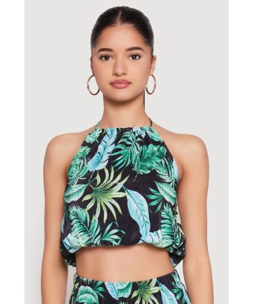 Almost Famous Plisse Tropical Print Halter Crop Top