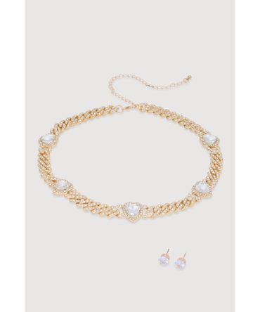 Cubic Zirconia Heart Chain Necklace and Earrings