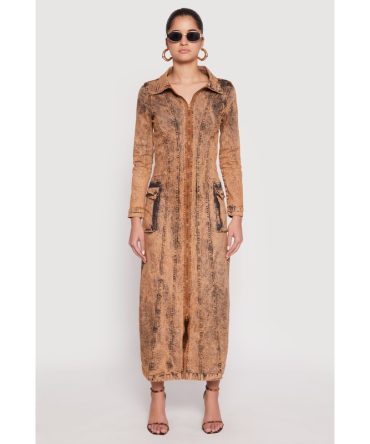 Denim Acid Wash Zip Front Maxi Dress