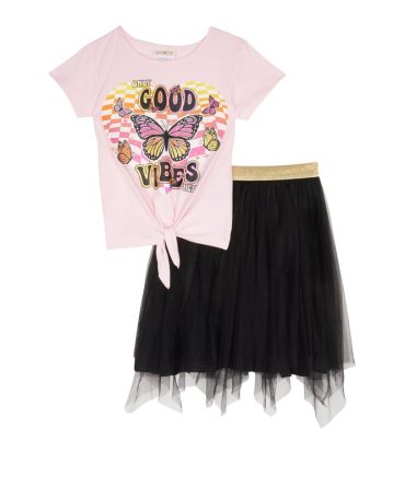 Girls Checkered Good Vibes Graphic Tee and Tutu Skirt