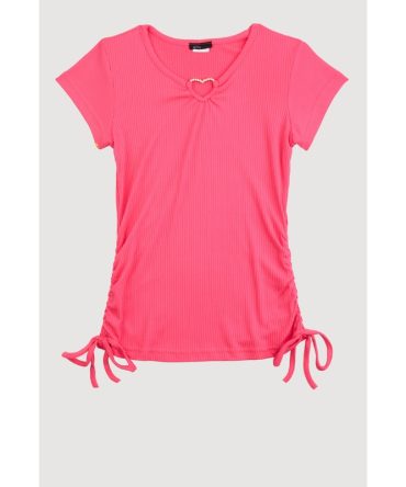 Girls Ribbed Knit Heart Keyhole T Shirt