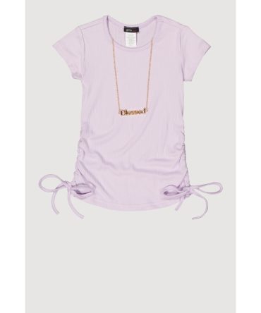 Little Girls Ribbed Knit Ruched Side Top with Necklace