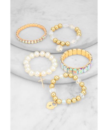 Multi Charm Iridescent Stretch Bracelets Set of 5
