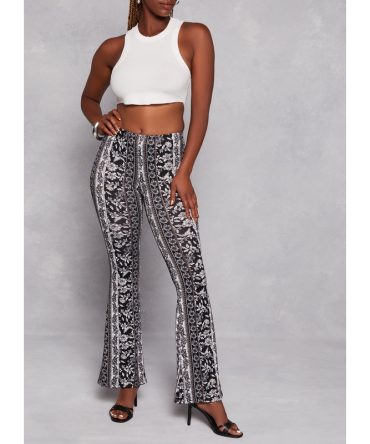 Paisley Border Print High Waist Flare Pants