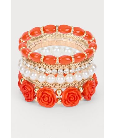 Plus Size Floral Beaded Faux Pearl Stretch Bracelets Set of 6