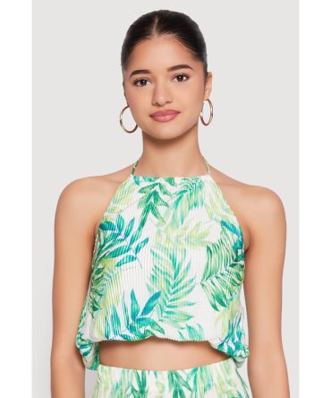 Almost Famous Plisse Tropical Print Cropped Halter Top