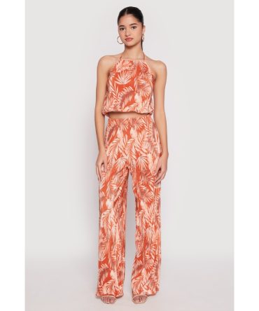 Almost Famous Plisse Tropical Print Palazzo Pants
