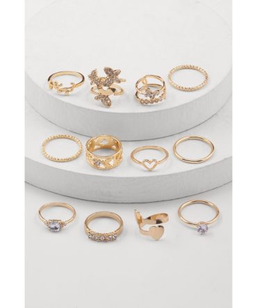 Butterfly Heart Rhinestone Assorted Rings Set of 12