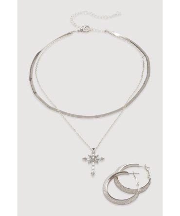Cubic Zirconia Cross Charm Layered Necklace with Hoop Earrings