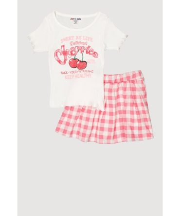 Girls Cherries Glitter Graphic Tee and Pleated Skort