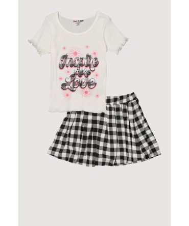 Girls Inspire More Love Top and Buffalo Plaid Skirt