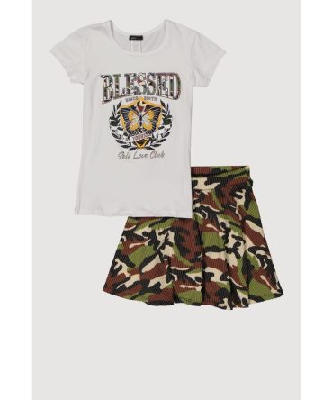 Girls Rhinestone Blessed Graphic Tee and Camo Skort