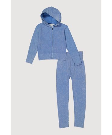 Girls Seamless Rib Knit Mineral Wash Zip Front Hoodie and Leggings