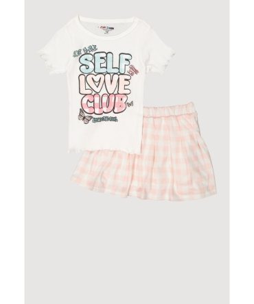 Girls Self Love Club Glitter Top and Plaid Skort