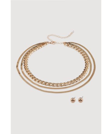 Layered Chain Link Herringbone Necklace and Earrings