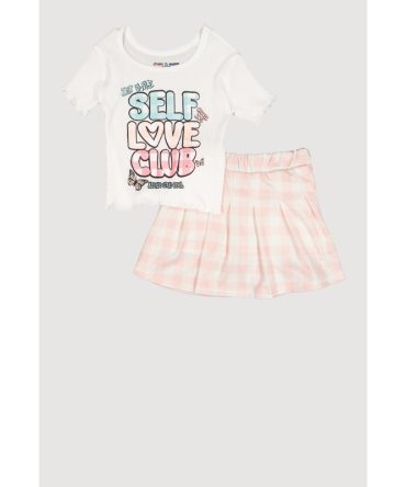 Little Girls Self Love Club Glitter Top and Plaid Skort