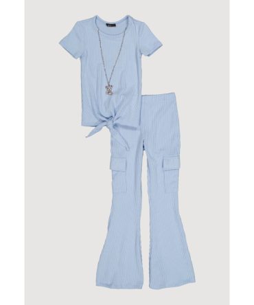 Little Girls Textured Rib Knit Top with Necklace and Flare Pants