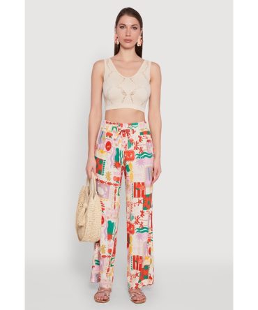 Patterned Faux Drawstring Smocked Waist Palazzo Pants