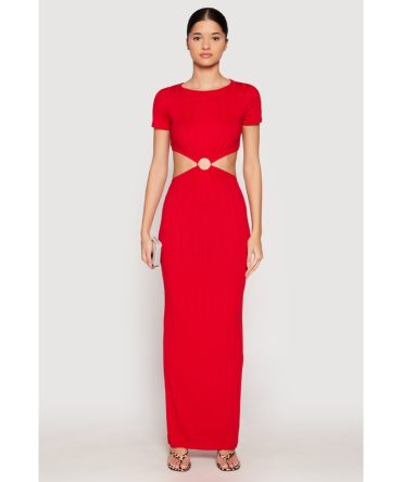 Ribbed Knit O Ring Cut Out Maxi Dress