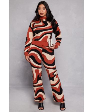 Swirl Print Knit Wide Leg Pants