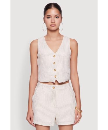 Chic Linen Pinstripe Button Front Cropped Blazer Vest