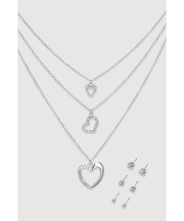 Cubic Zirconia Layered Heart Necklace and Stud Earrings Set of 4