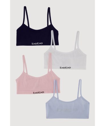 Girls Bebe Rhinestone Graphic Bras 4 Pack
