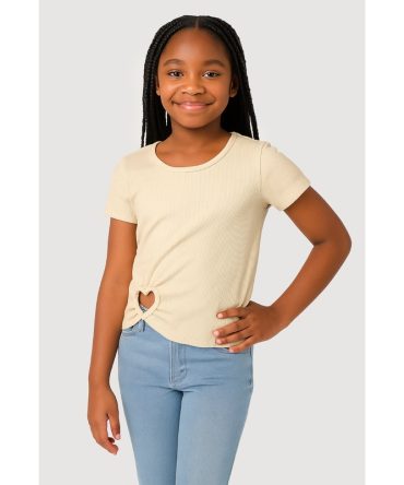 Girls Heart Cut Out Ribbed Knit T-Shirt