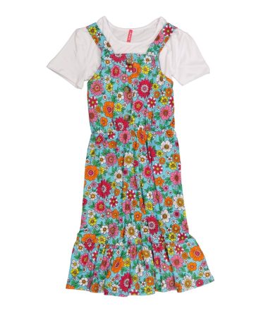 Girls Ribbed Floral Print Tank Dress with Short Sleeve Top