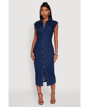 Haute Monde Button Front Cap Sleeve Denim Maxi Dress